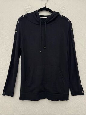 Soft Surroundings Navy Blue Wool Blend Button-Sleeve Hoodie Sweater Size Small